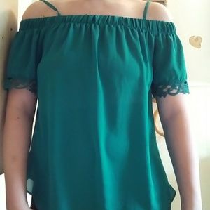 𝒷𝓎 & 𝒷𝓎  off the shoulder blue green shirt